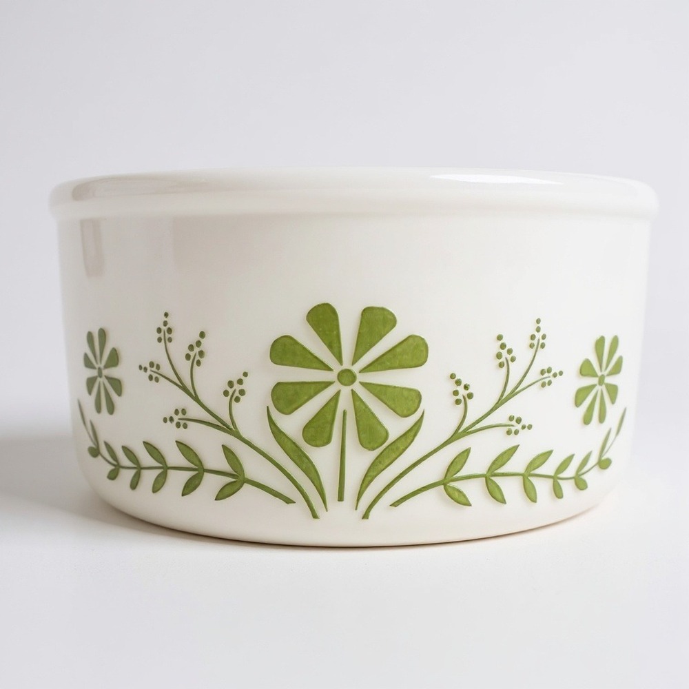 Glasbake Casserole Dish 2QT White Green Floral Daisy Vintage Milk Glass with Lid